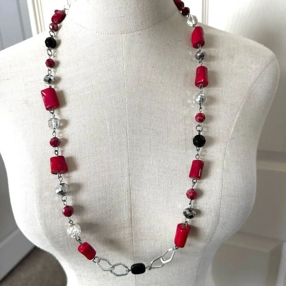 coral black and crystal  beaded silver tone necklace